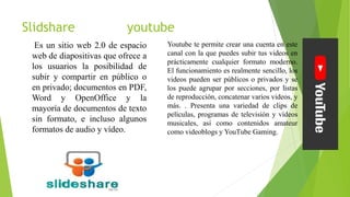 Slidshare youtube
Es un sitio web 2.0 de espacio
web de diapositivas que ofrece a
los usuarios la posibilidad de
subir y compartir en público o
en privado; documentos en PDF,
Word y OpenOffice y la
mayoría de documentos de texto
sin formato, e incluso algunos
formatos de audio y vídeo.
Youtube te permite crear una cuenta en este
canal con la que puedes subir tus videos en
prácticamente cualquier formato moderno.
El funcionamiento es realmente sencillo, los
videos pueden ser públicos o privados y se
los puede agrupar por secciones, por listas
de reproducción, concatenar varios videos, y
más. . Presenta una variedad de clips de
películas, programas de televisión y vídeos
musicales, así como contenidos amateur
como videoblogs y YouTube Gaming.
 