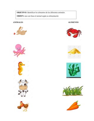 ANIMALES ALIMENTO
OBJETIVO: Identificar los alimentos de los diferentes animales
ORDEN: une con línea el animal según su alimentación
 