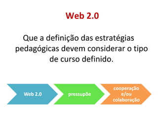 Que a definição das estratégias pedagógicas devem considerar o tipo de curso definido. Web 2.0 