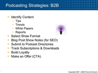 Identify Content Tips Trends White Papers Reports Select Show Format Blog Post Show Notes (for SEO) Submit to Podcast Directories Track Subscriptions & Downloads Build Loyalty Make an Offer (CTA) Podcasting Strategies: B2B 