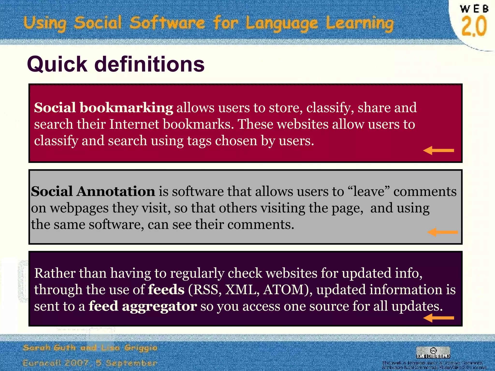 Quick definitions Rather than having to regularly check websites for updated info, through the use of  feeds  (RSS, XML, ATOM), updated information is sent to a  feed aggregator  so you access one source for all updates. Social Annotation  is software that allows users to “leave” comments  on webpages they visit, so that others visiting the page,  and using  the same software, can see their comments. Social bookmarking  allows users to store, classify, share and  search their Internet bookmarks. These websites allow users to  classify and search using tags chosen by users.   
