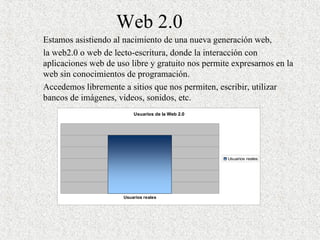 Web 2.0 Estamos asistiendo al nacimiento de una nueva generación web,  la web2.0 o web de lecto-escritura, donde la interacción con aplicaciones web de uso libre y gratuito nos permite expresarnos en la web sin conocimientos de programación . Accedemos libremente a sitios que nos permiten, escribir, utilizar bancos de imágenes, videos, sonidos, etc. 