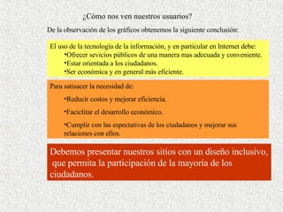 ¿Cómo nos ven nuestros usuarios? De la observación de los gráficos obtenemos la siguiente conclusión: El uso de la tecnología de la información, y en particular en Internet debe: Ofrecer sevicios públicos de una manera mas adecuada y conveniente. Estar orientada a los ciudadanos. Ser económica y en general más eficiente. Para satisacer la necesidad de: Reducir costos y mejorar eficiencia. Faciclitar el desarrollo económico. Cumplir con las espectativas de los ciudadanos y mejorar sus relaciones con ellos. Debemos presentar nuestros sitios con un diseño inclusivo,  que permita la participación de la mayoría de los ciudadanos. 