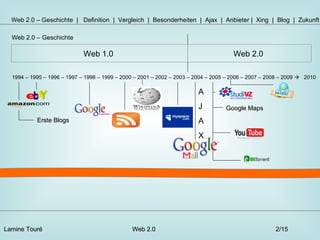   Web 2.0 – Geschichte  |  Definition  |  Vergleich  |  Besonderheiten  |  Ajax  |  Anbieter |  Xing  |  Blog  |  Zukunft  Web 2.0 – Geschichte 1994 – 1995 – 1996 – 1997 – 1998 – 1999 – 2000 – 2001 – 2002 – 2003 – 2004 – 2005 – 2006 – 2007 – 2008 – 2009     2010 Erste Blogs Web 1.0  Web 2.0  Lamine Touré  Web 2.0    2/15  A J A X Google Maps 