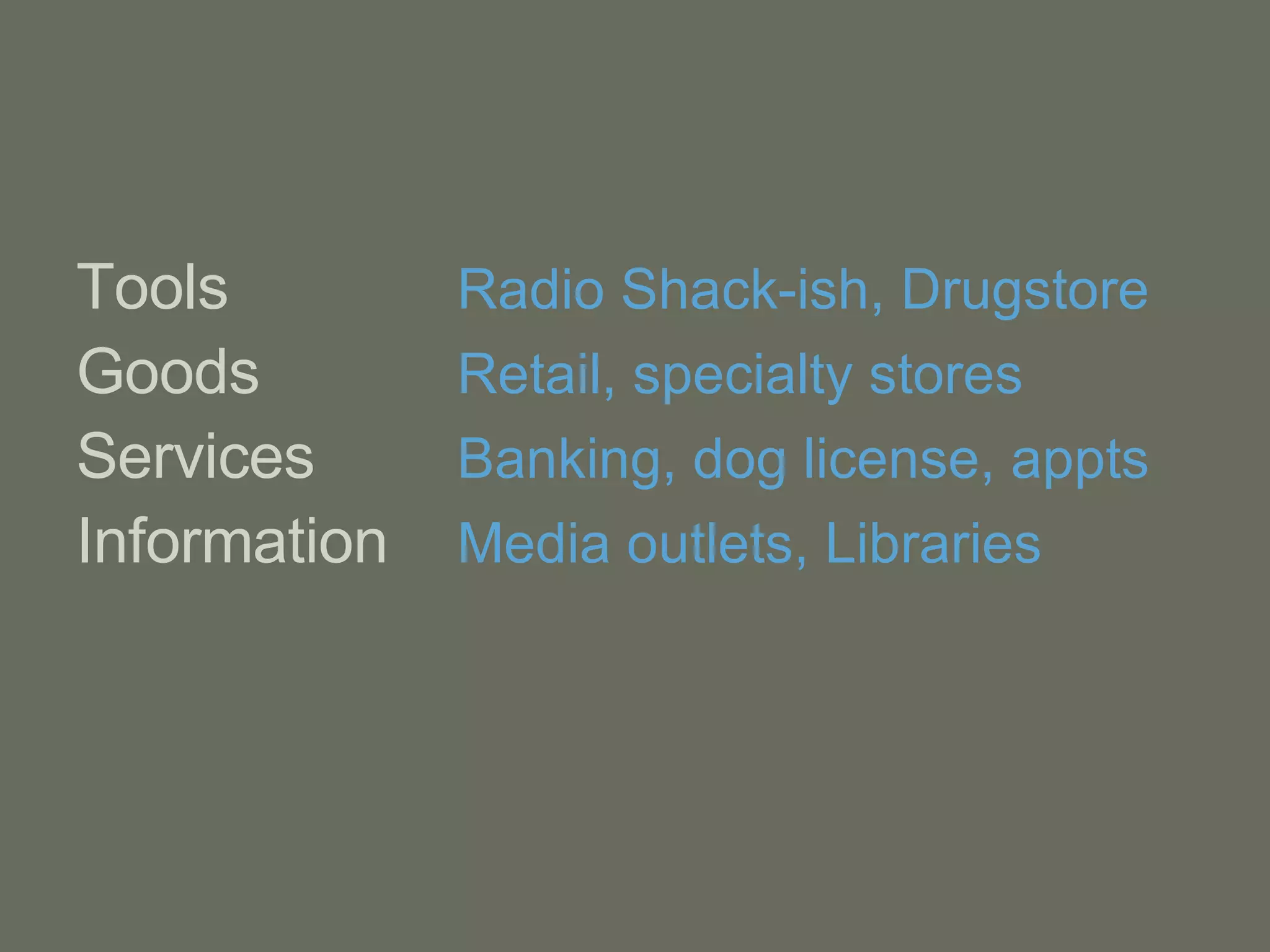 Tools   Radio Shack-ish, Drugstore Goods   Retail, specialty stores Services  Banking, dog license, appts Information   Media outlets, Libraries 
