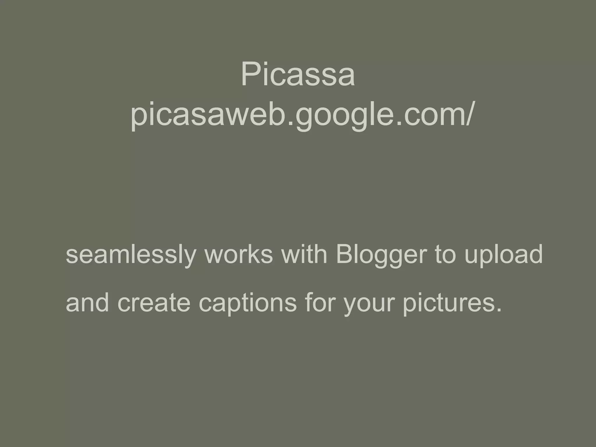 Picassa  picasaweb.google.com/ seamlessly works with Blogger to upload  and create captions for your pictures. 