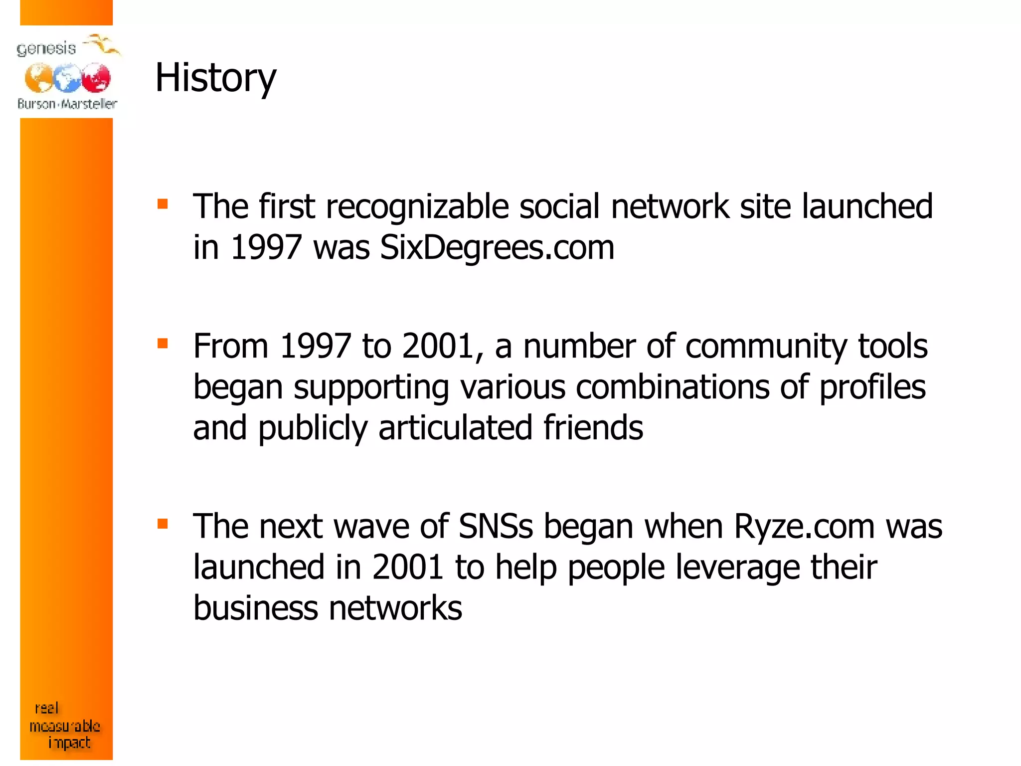 History The first recognizable social network site launched in 1997 was SixDegrees.com  From 1997 to 2001, a number of community tools began supporting various combinations of profiles and publicly articulated friends The next wave of SNSs began when Ryze.com was launched in 2001 to help people leverage their business networks 