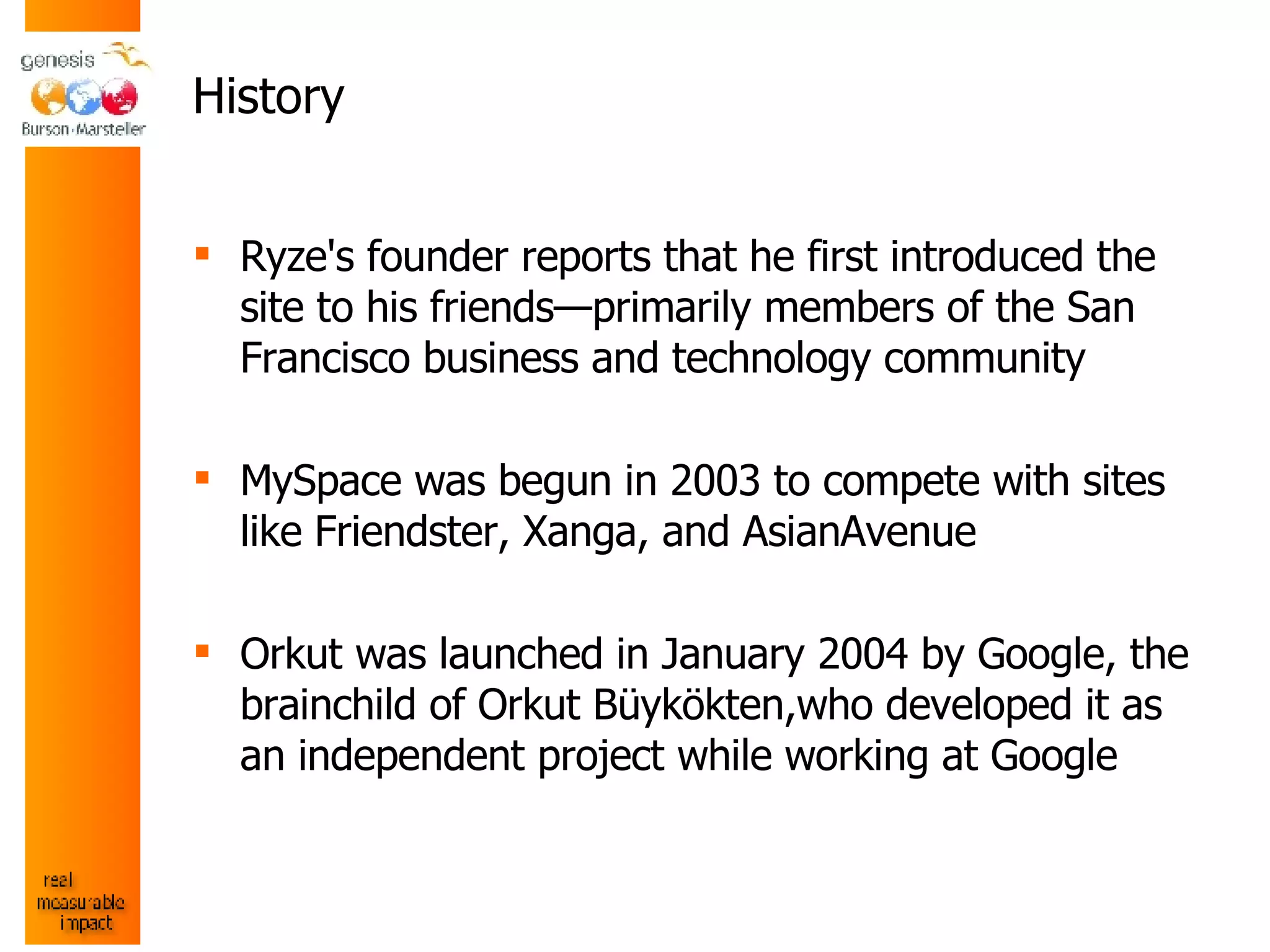History Ryze's founder reports that he first introduced the site to his friends—primarily members of the San Francisco business and technology community  MySpace was begun in 2003 to compete with sites like Friendster, Xanga, and AsianAvenue  Orkut was launched in January 2004 by Google, the brainchild of Orkut Büykökten,who developed it as an independent project while working at Google 