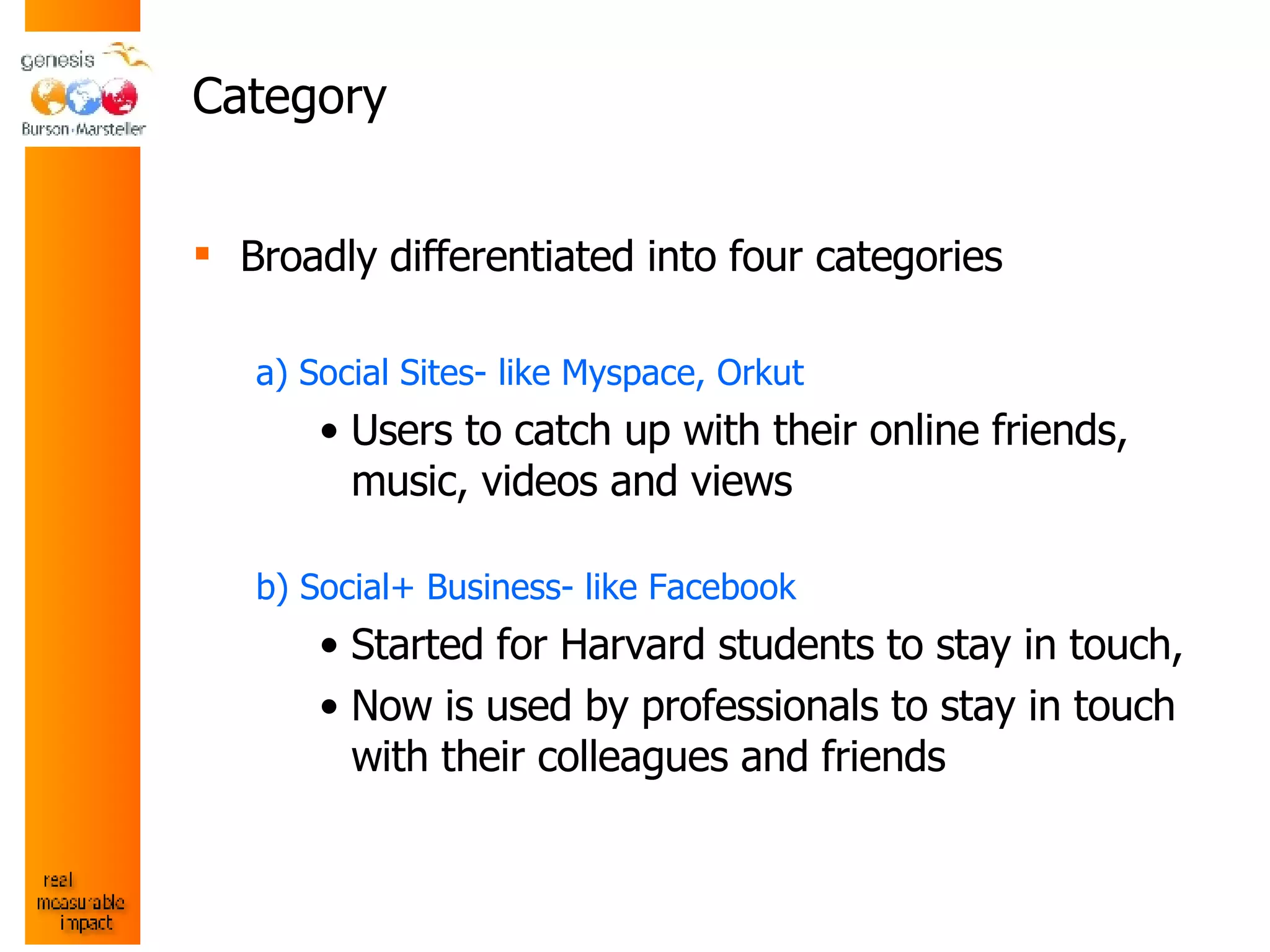 Category Broadly differentiated into four categories a) Social Sites- like Myspace, Orkut Users to catch up with their online friends, music, videos and views b) Social+ Business- like Facebook Started for Harvard students to stay in touch, Now is used by professionals to stay in touch with their colleagues and friends  