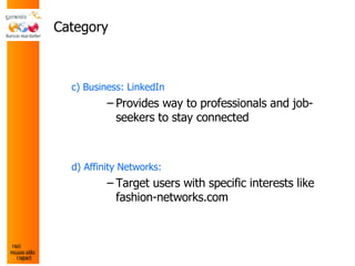 Category c) Business: LinkedIn Provides way to professionals and job-seekers to stay connected d) Affinity Networks: Target users with specific interests like fashion-networks.com 