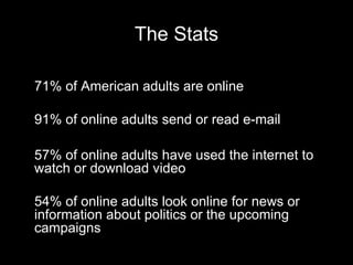 The Stats 71% of American adults are online 91% of online adults send or read e-mail 57% of online adults have used the internet to watch or download video 54% of online adults look online for news or information about politics or the upcoming campaigns 