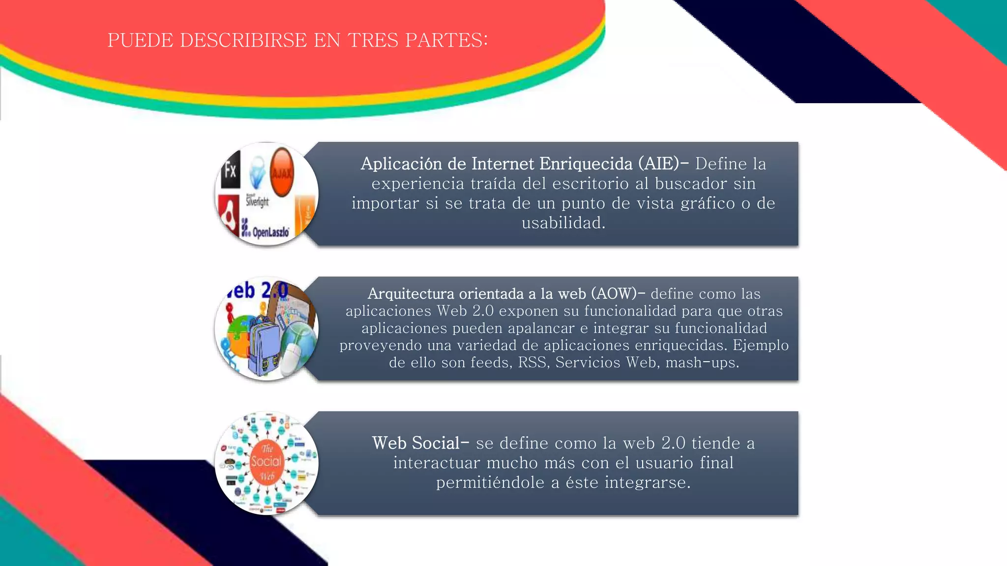 PUEDE DESCRIBIRSE EN TRES PARTES:
Aplicación de Internet Enriquecida (AIE)- Define la
experiencia traída del escritorio al buscador sin
importar si se trata de un punto de vista gráfico o de
usabilidad.
Arquitectura orientada a la web (AOW)- define como las
aplicaciones Web 2.0 exponen su funcionalidad para que otras
aplicaciones pueden apalancar e integrar su funcionalidad
proveyendo una variedad de aplicaciones enriquecidas. Ejemplo
de ello son feeds, RSS, Servicios Web, mash-ups.
Web Social- se define como la web 2.0 tiende a
interactuar mucho más con el usuario final
permitiéndole a éste integrarse.
 