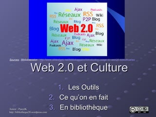 Web 2.0 et Culture ,[object Object],[object Object],[object Object],Sources  : Bibliobsession :  http://www.slideshare.net/bibliobsession/introduction-usage-du-web20-bibliothcaires   