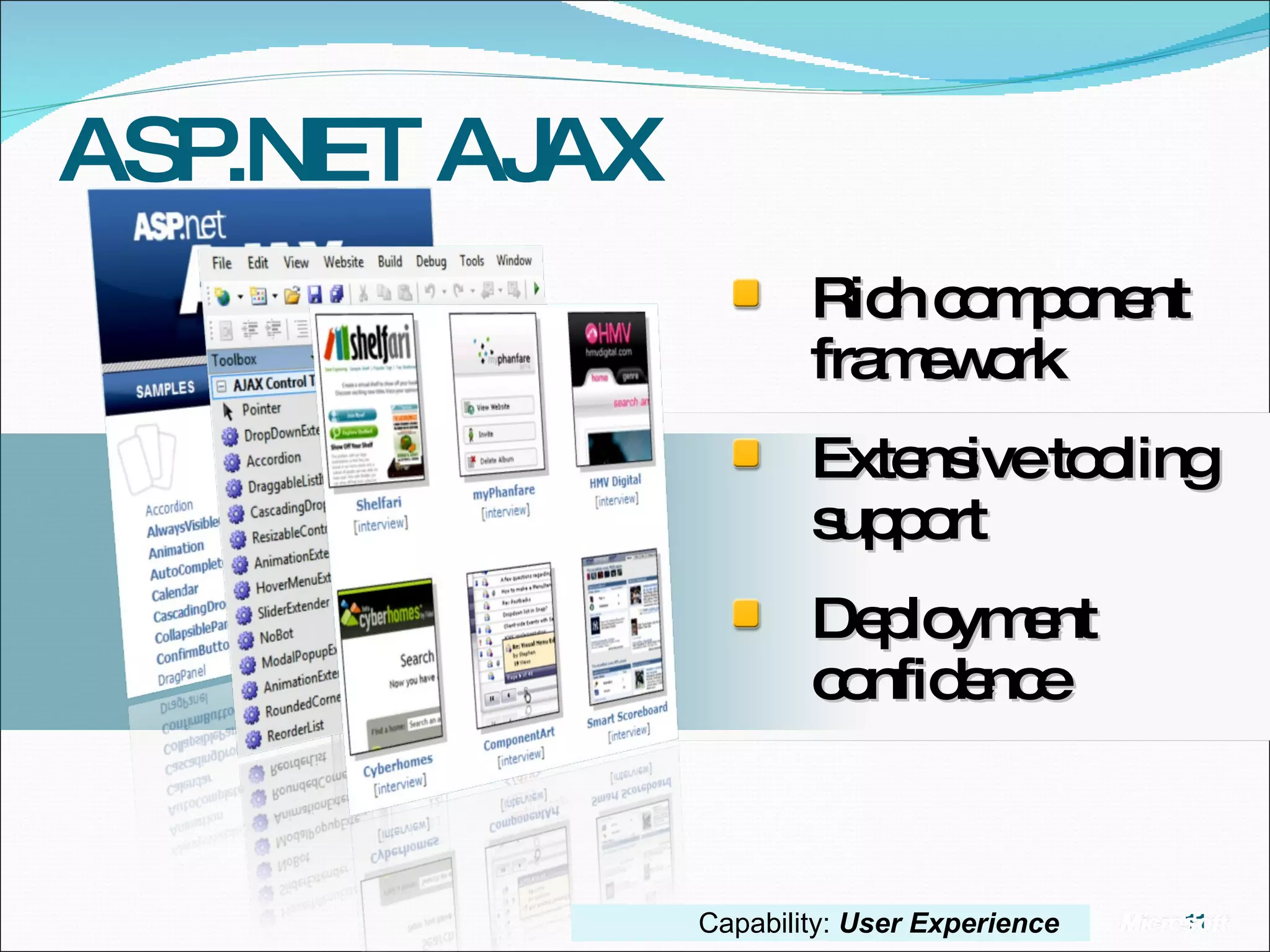 ASP.NET AJAX Rich component framework Extensive tooling support Deployment confidence Capability:  User Experience 