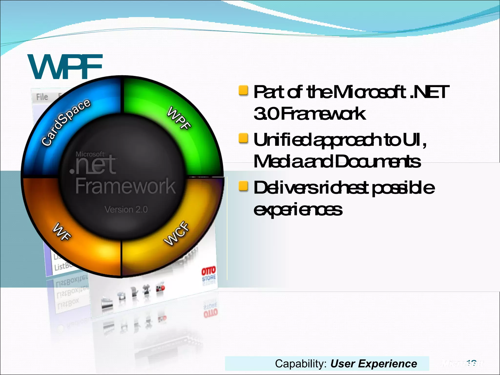 WPF Part of the Microsoft .NET 3.0 Framework Unified approach to UI, Media and Documents Delivers richest possible experiences Capability:  User Experience 