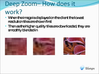 Deep Zoom– How does it work? When the image is displayed on the client the lowest resolution tiles are shown first Then as the higher quality tiles are downloaded, they are smoothly blended in 