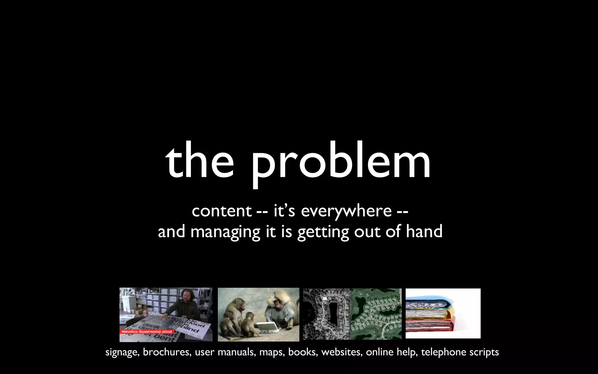 the problem content -- it’s everywhere -- and managing it is getting out of hand signage, brochures, user manuals, maps, books, websites, online help, telephone scripts 