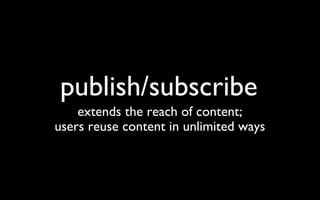 publish/subscribe extends the reach of content; users reuse content in unlimited ways 