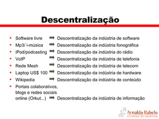 Descentralização Software livre Descentralização da indústria de software Mp3/ i-música Descentralização da indústria fonográfica iPod/podcasting Descentralização da indústria do rádio VoIP Descentralização da indústria de telefonia Rede Mesh Descentralização da indústria de telecom Laptop US$ 100 Descentralização da indústria de hardware Wikipedia Descentralização da indústria de conteúdo Portais colaborativos,  blogs e redes sociais  online (Orkut...) Descentralização da indústria de informação 