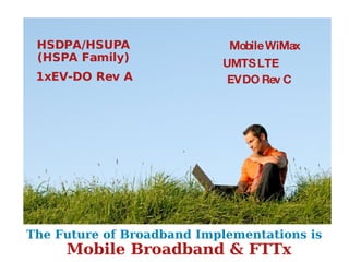 The Future of Broadband Implementations is  Mobile Broadband & FTTx Mobile WiMax HSDPA/HSUPA (HSPA Family) UMTS LTE 1xEV-DO Rev A EVDO Rev C 
