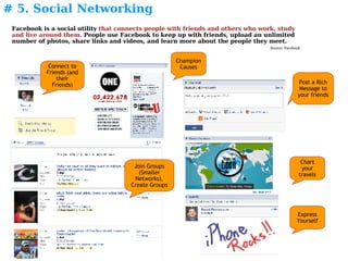 # 5. Social Networking Chart your travels Post a Rich Message to your friends Express Yourself Champion Causes Connect to Friends (and their Friends) Facebook is a social utility  that connects people with friends and others who work, study and live around them.  People use Facebook to keep up with friends, upload an unlimited number of photos, share links and videos, and learn more about the people they meet. Source: Facebook   Join Groups (Smaller Networks), Create Groups 
