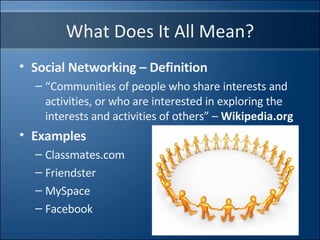 What Does It All Mean? Social Networking – Definition “ Communities of people who share interests and activities, or who are interested in exploring the interests and activities of others” –  Wikipedia.org Examples Classmates.com Friendster MySpace Facebook 