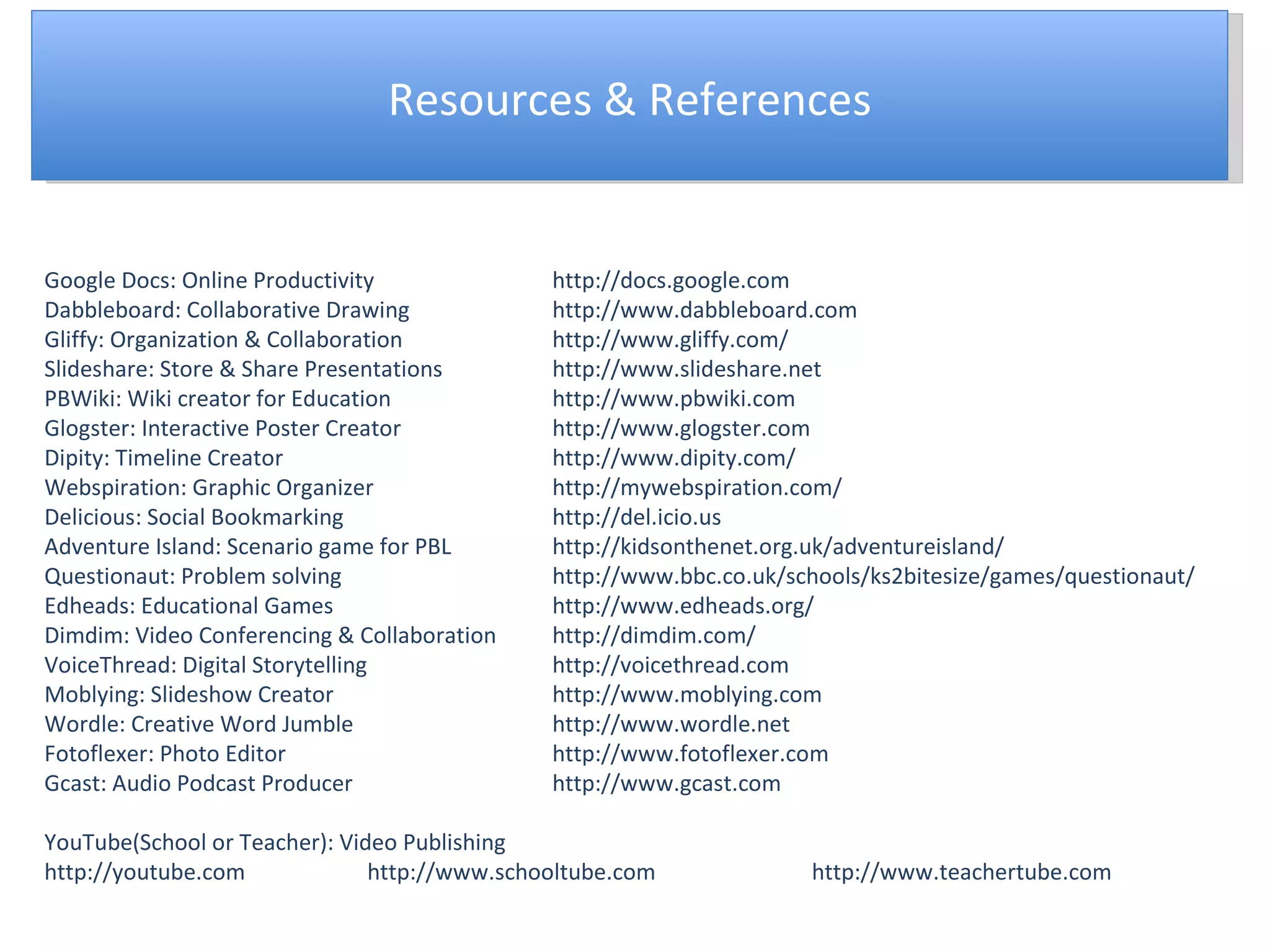 Resources & References Google Docs: Online Productivity http://docs.google.com Dabbleboard: Collaborative Drawing http://www.dabbleboard.com Gliffy: Organization & Collaboration http://www.gliffy.com/ Slideshare: Store & Share Presentations http://www.slideshare.net PBWiki: Wiki creator for Education http://www.pbwiki.com Glogster: Interactive Poster Creator http://www.glogster.com Dipity: Timeline Creator http://www.dipity.com/ Webspiration: Graphic Organizer http://mywebspiration.com/ Delicious: Social Bookmarking http://del.icio.us Adventure Island: Scenario game for PBL http://kidsonthenet.org.uk/adventureisland/ Questionaut: Problem solving  http://www.bbc.co.uk/schools/ks2bitesize/games/questionaut/ Edheads: Educational Games http://www.edheads.org/ Dimdim: Video Conferencing & Collaboration http://dimdim.com/ VoiceThread: Digital Storytelling http://voicethread.com Moblying: Slideshow Creator http://www.moblying.com Wordle: Creative Word Jumble http://www.wordle.net Fotoflexer: Photo Editor http://www.fotoflexer.com Gcast: Audio Podcast Producer http://www.gcast.com YouTube(School or Teacher): Video Publishing http://youtube.com  http://www.schooltube.com  http://www.teachertube.com 