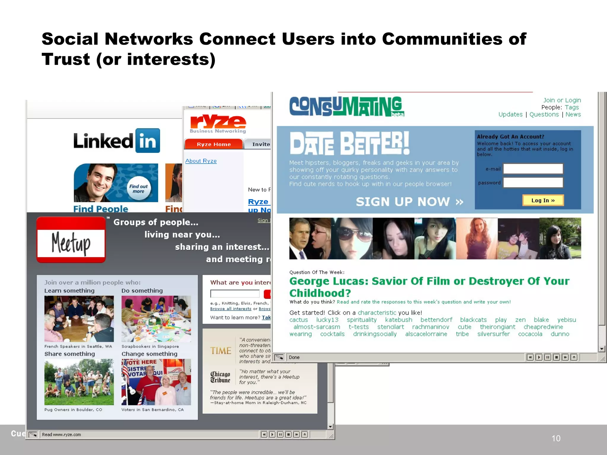 Social Networks Connect Users into Communities of Trust (or interests) 
