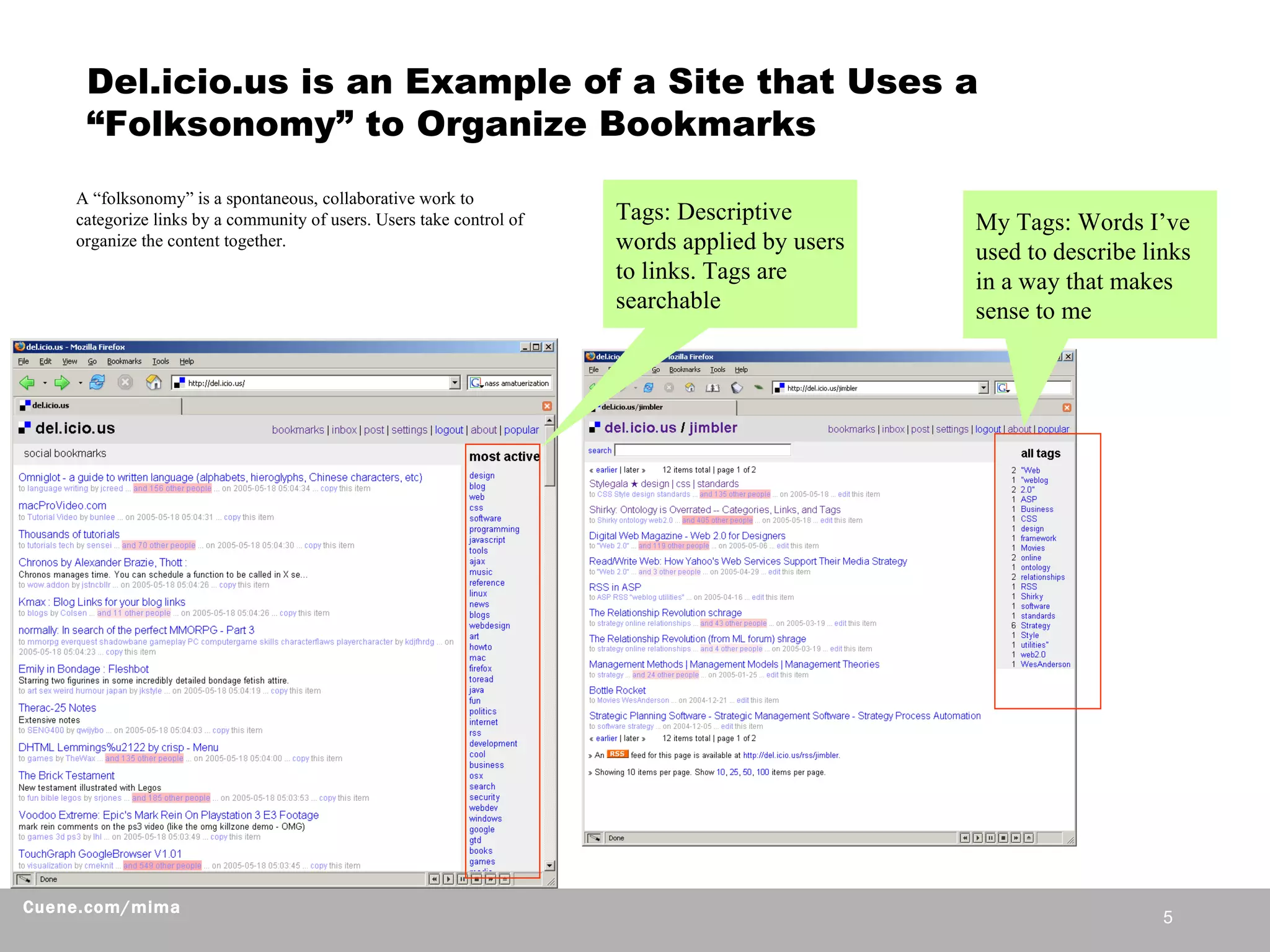 Del.icio.us is an Example of a Site that Uses a “Folksonomy” to Organize Bookmarks Tags: Descriptive words applied by users to links. Tags are searchable My Tags: Words I’ve used to describe links in a way that makes sense to me  A “folksonomy” is a spontaneous, collaborative work to categorize links by a community of users. Users take control of organize the content together.  