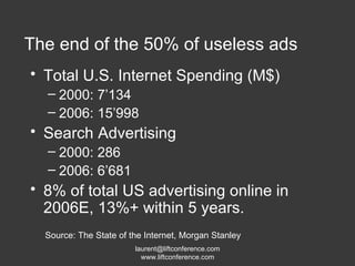 The end of the 50% of useless ads Total U.S. Internet Spending (M$) 2000: 7’134 2006: 15’998 Search Advertising  2000: 286 2006: 6’681 8% of total US advertising online in 2006E, 13%+ within 5 years. Source: The State of the Internet, Morgan Stanley 