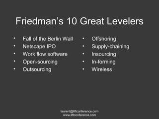 Friedman’s 10 Great Levelers Fall of the Berlin Wall Netscape IPO Work flow software Open-sourcing Outsourcing Offshoring Supply-chaining Insourcing In-forming Wireless 