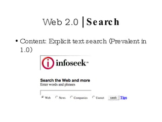 Web 2.0  | Search Content: Explicit text search (Prevalent in 1.0) 