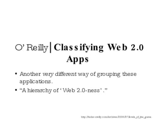 O’Reilly  | Classifying Web 2.0 Apps   Another  very different  way of grouping these applications. “ A hierarchy of ‘Web 2.0-ness’.”  http://radar.oreilly.com/archives/2006/07/levels_of_the_game.html 
