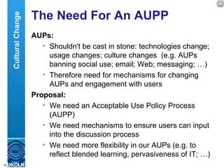 The Need For An AUPP AUPs: Shouldn't be cast in stone: technologies change; usage changes; culture changes  (e.g. AUPs banning social use; email; Web; messaging; …) Therefore need for mechanisms for changing AUPs and engagement with users Proposal: We need an Acceptable Use Policy Process (AUPP)  We need mechanisms to ensure users can input into the discussion process We need more flexibility in our AUPs (e.g. to reflect blended learning, pervasiveness of IT; …)  Cultural Change 