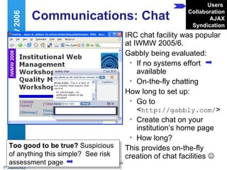 Communications: Chat IRC chat facility was popular at IWMW 2005/6. Gabbly being evaluated: If no systems effort available  On-the-fly chatting How long to set up: Go to < http://gabbly.com/ > Create chat on your institution’s home page How long? This provides on-the-fly creation of chat facilities   Web 2.0 and IWMW 2006 Too good to be true?  Suspicious of anything this simple?  See risk assessment page Users   Collaboration AJAX Syndication 