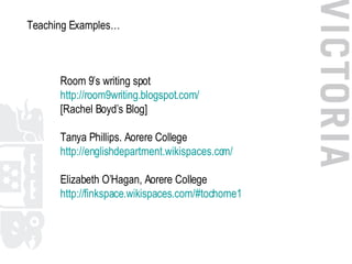 Teaching Examples…   Room 9’s writing spot http://room9writing. blogspot .com/ [Rachel Boyd’s Blog] Tanya Phillips. Aorere...