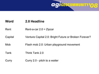 Curry 2.0 - pitch to a waiter Curry Think Tank 2.0 Tank Flash mob 2.0: Urban playground movement Mob Venture Capital 2.0: ...