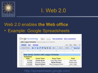 I. Web 2.0 Web 2.0 enables  the Web office Example: Google Spreadsheets http://spreadsheets.google.com/ 
