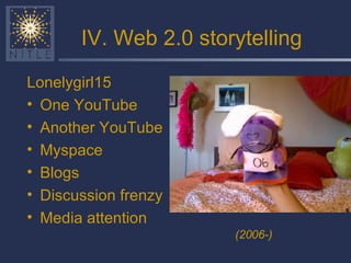 IV. Web 2.0 storytelling Lonelygirl15 One YouTube Another YouTube Myspace Blogs Discussion frenzy Media attention (2006-) 