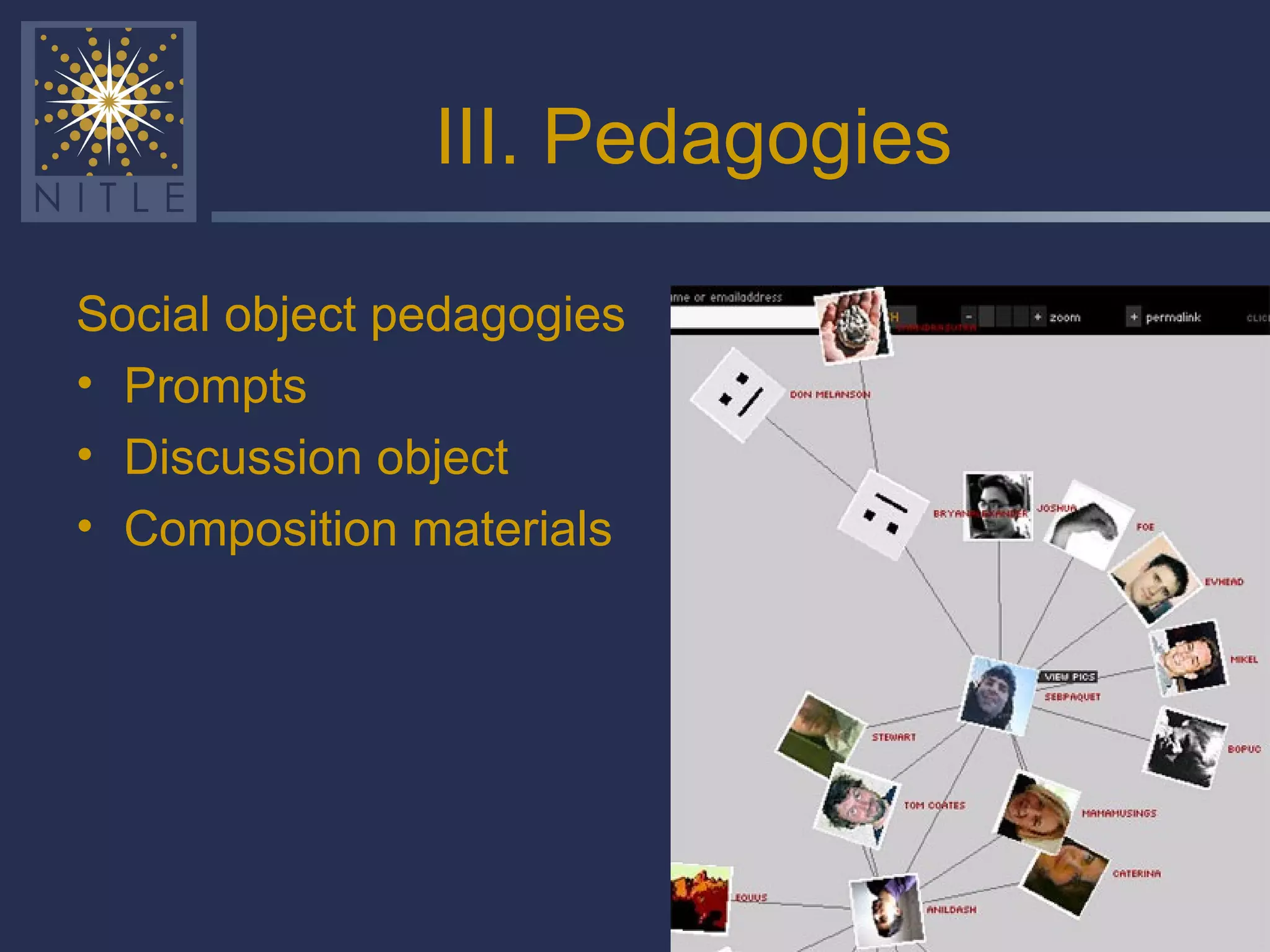III. Pedagogies Social object pedagogies Prompts Discussion object Composition materials 