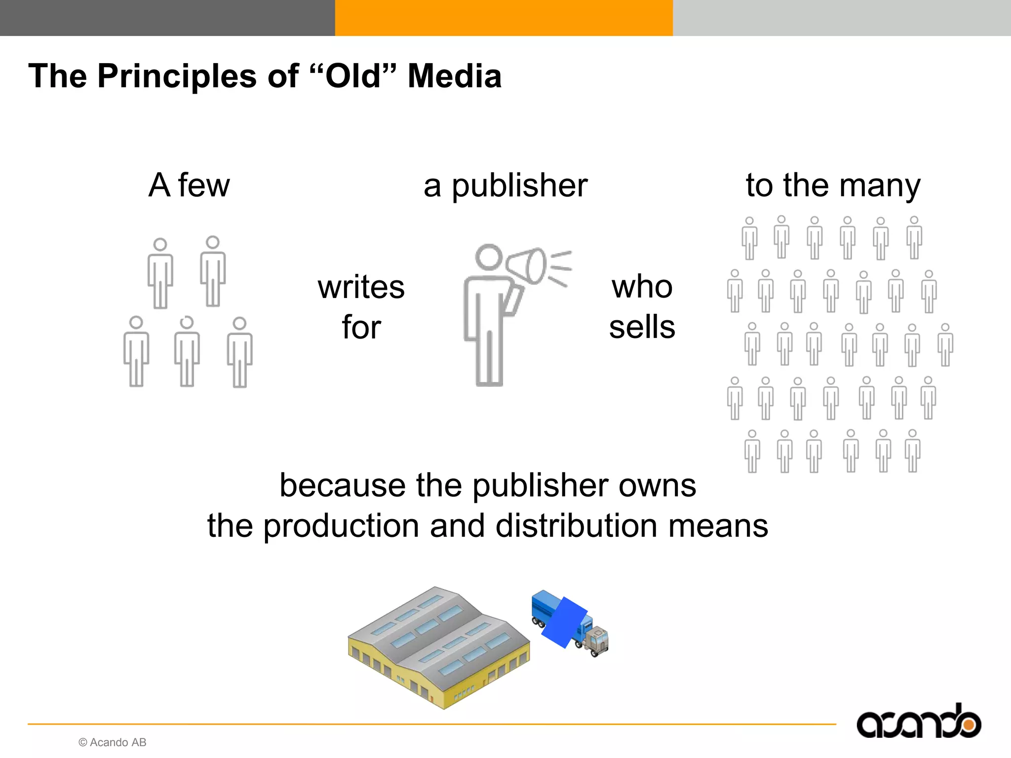 © Acando AB
The Principles of “Old” Media
A few
because the publisher owns
the production and distribution means
writes
for
a publisher
who
sells
to the many
 