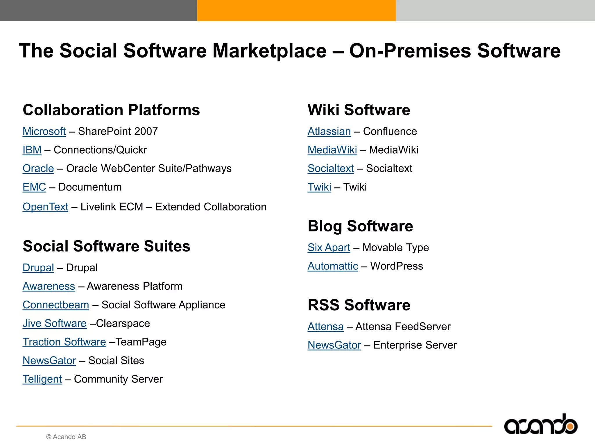 © Acando AB
The Social Software Marketplace – On-Premises Software
Collaboration Platforms
Microsoft – SharePoint 2007
IBM – Connections/Quickr
Oracle – Oracle WebCenter Suite/Pathways
EMC – Documentum
OpenText – Livelink ECM – Extended Collaboration
Social Software Suites
Drupal – Drupal
Awareness – Awareness Platform
Connectbeam – Social Software Appliance
Jive Software –Clearspace
Traction Software –TeamPage
NewsGator – Social Sites
Telligent – Community Server
Wiki Software
Atlassian – Confluence
MediaWiki – MediaWiki
Socialtext – Socialtext
Twiki – Twiki
Blog Software
Six Apart – Movable Type
Automattic – WordPress
RSS Software
Attensa – Attensa FeedServer
NewsGator – Enterprise Server
 