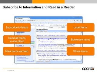 Subscribe to Information and Read in a Reader




 Subscribe to feeds                         Label items


    Read all f...