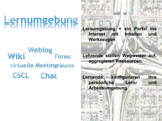 Lernumgebung = ein Portal ins Internet mit Inhalten und Werkzeugen Lehrende stellen Wegweiser auf, aggregieren Ressourcen. Lernende konfigurieren ihre persönliche Lern- und Arbeitsumgebung  