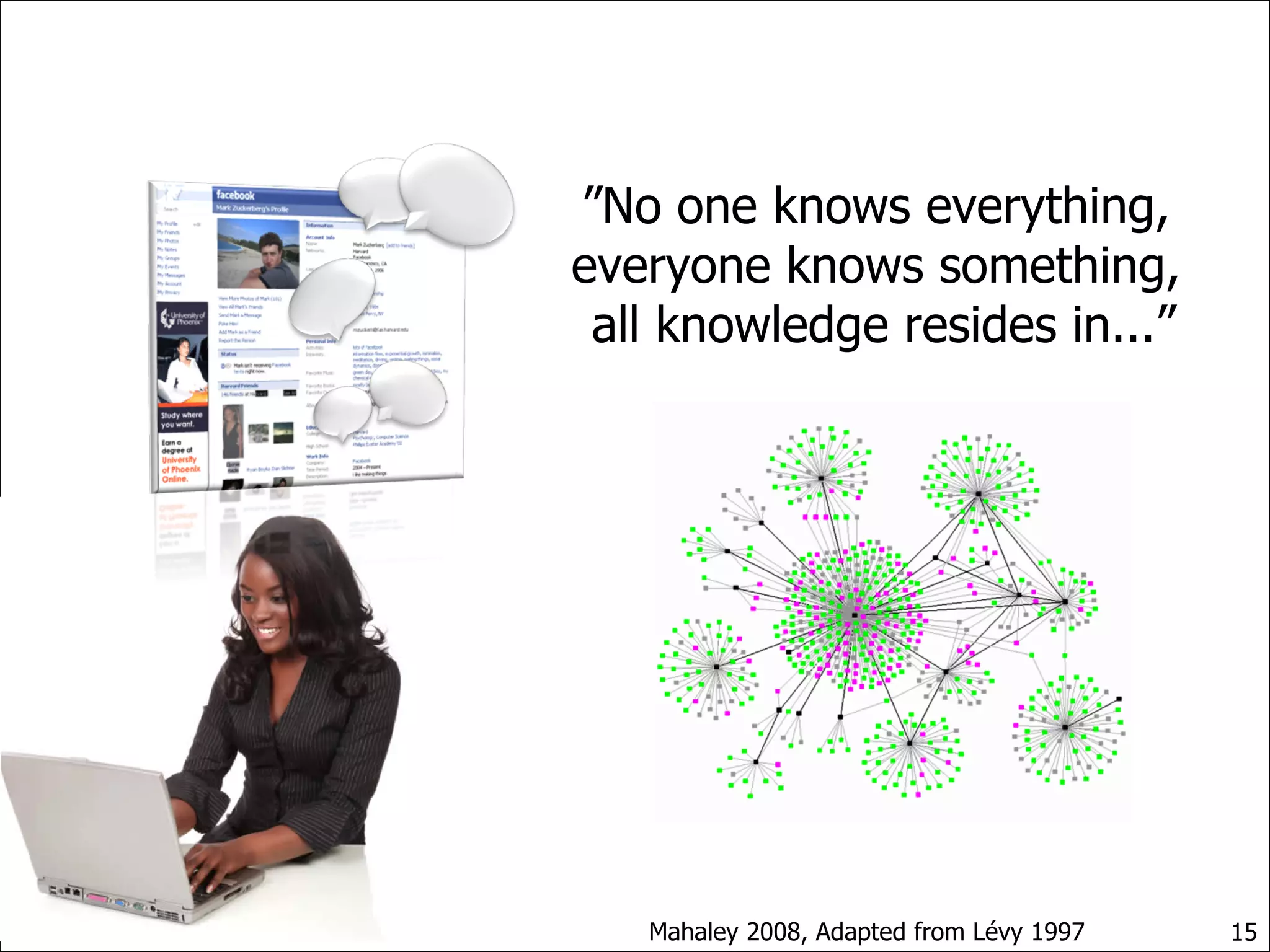 ” No one knows everything,  everyone knows something,  all knowledge resides in...” Mahaley 2008, Adapted from Lévy 1997 