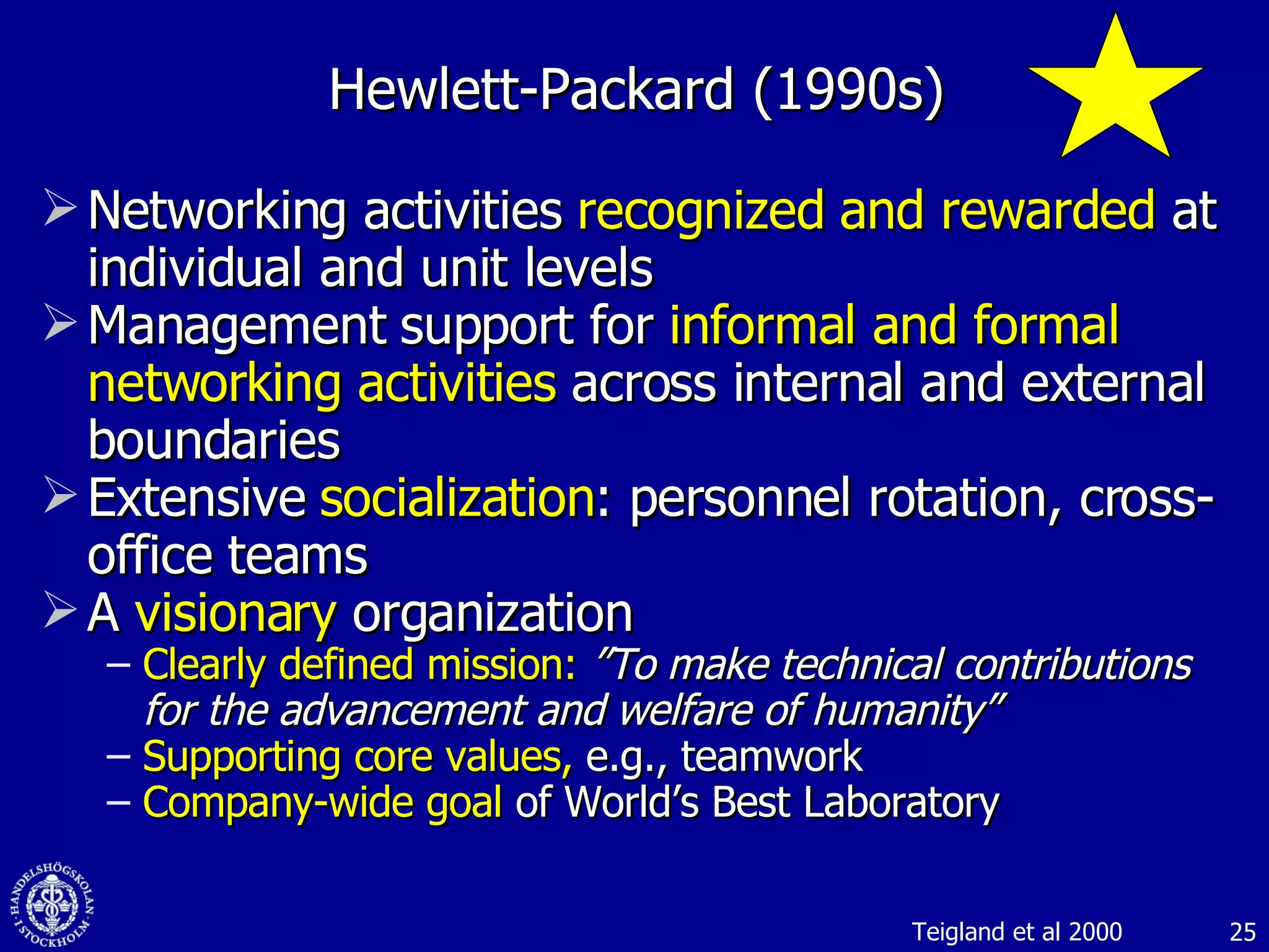Hewlett-Packard (1990s) Networking activities  recognized and rewarded  at individual and unit levels Management support for  informal and formal   networking activities  across internal and external boundaries Extensive   socialization : personnel rotation, cross-office teams A  visionary  organization  Clearly defined mission:   ”To make technical contributions for the advancement and welfare of humanity” Supporting core values,  e.g., teamwork Company-wide goal  of World’s Best Laboratory  Teigland et al 2000 