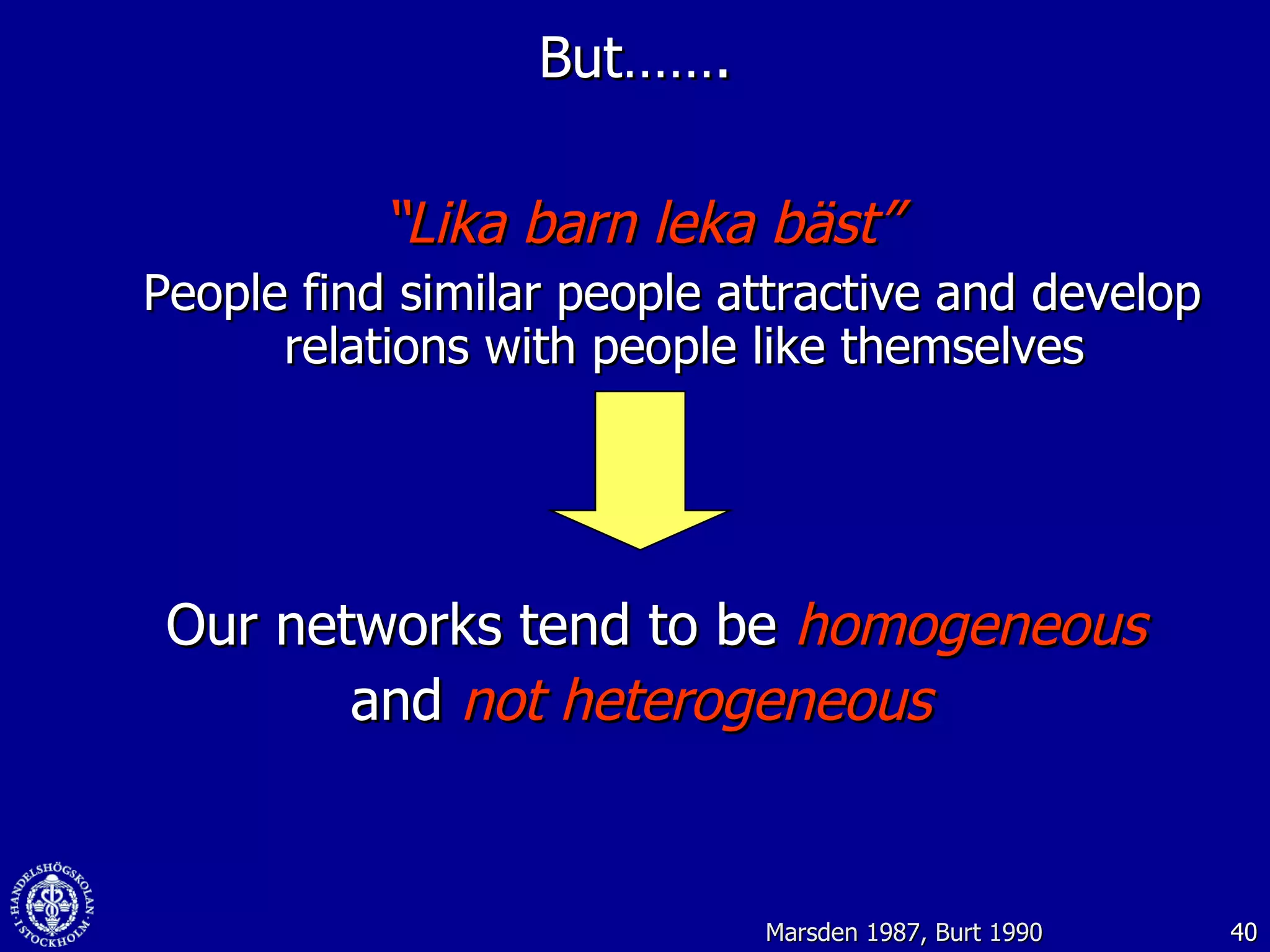 But……. “ Lika barn leka bäst” People find similar people attractive and develop relations with people like themselves  Our networks tend to be  homogeneous   and  not heterogeneous Marsden 1987, Burt 1990 
