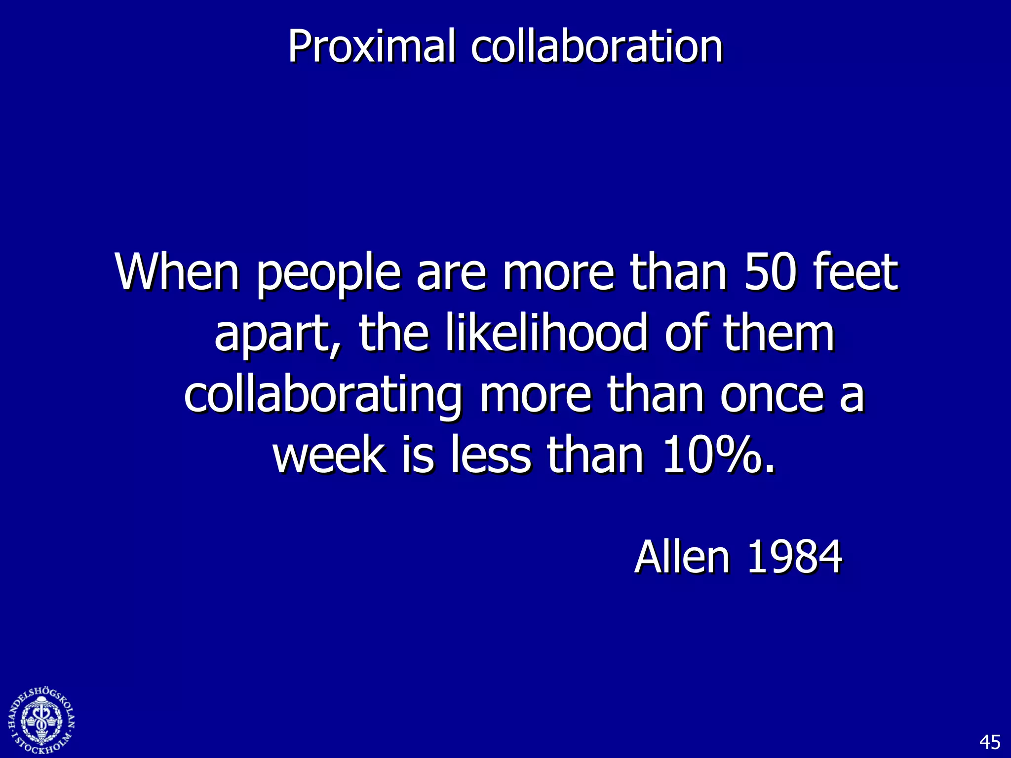 Proximal collaboration When people are more than 50 feet apart, the likelihood of them collaborating more than once a week is less than 10%. Allen 1984 