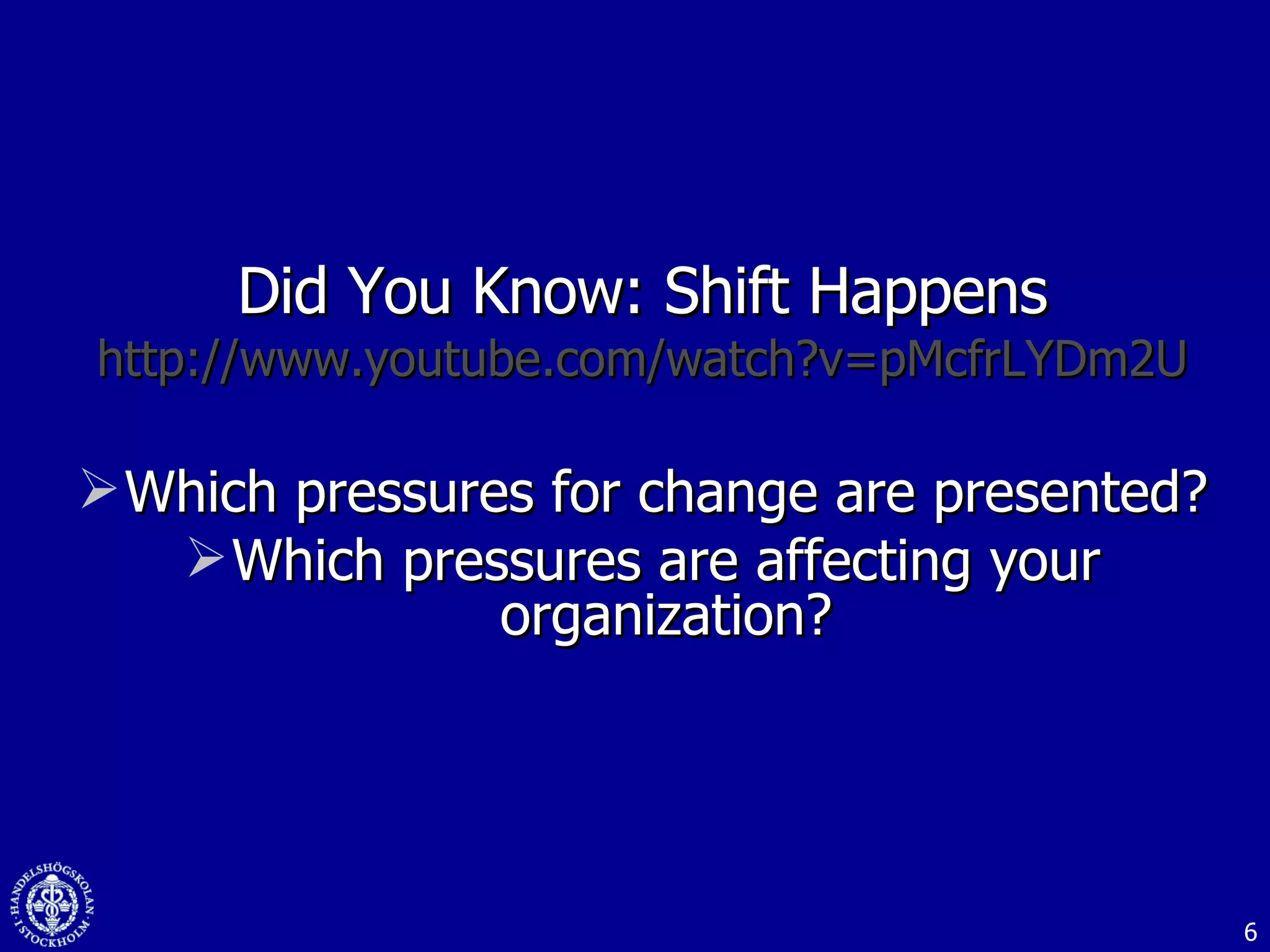 Did You Know: Shift Happens http://www.youtube.com/watch?v=pMcfrLYDm2U Which pressures for change are presented? Which pressures are affecting your organization? 