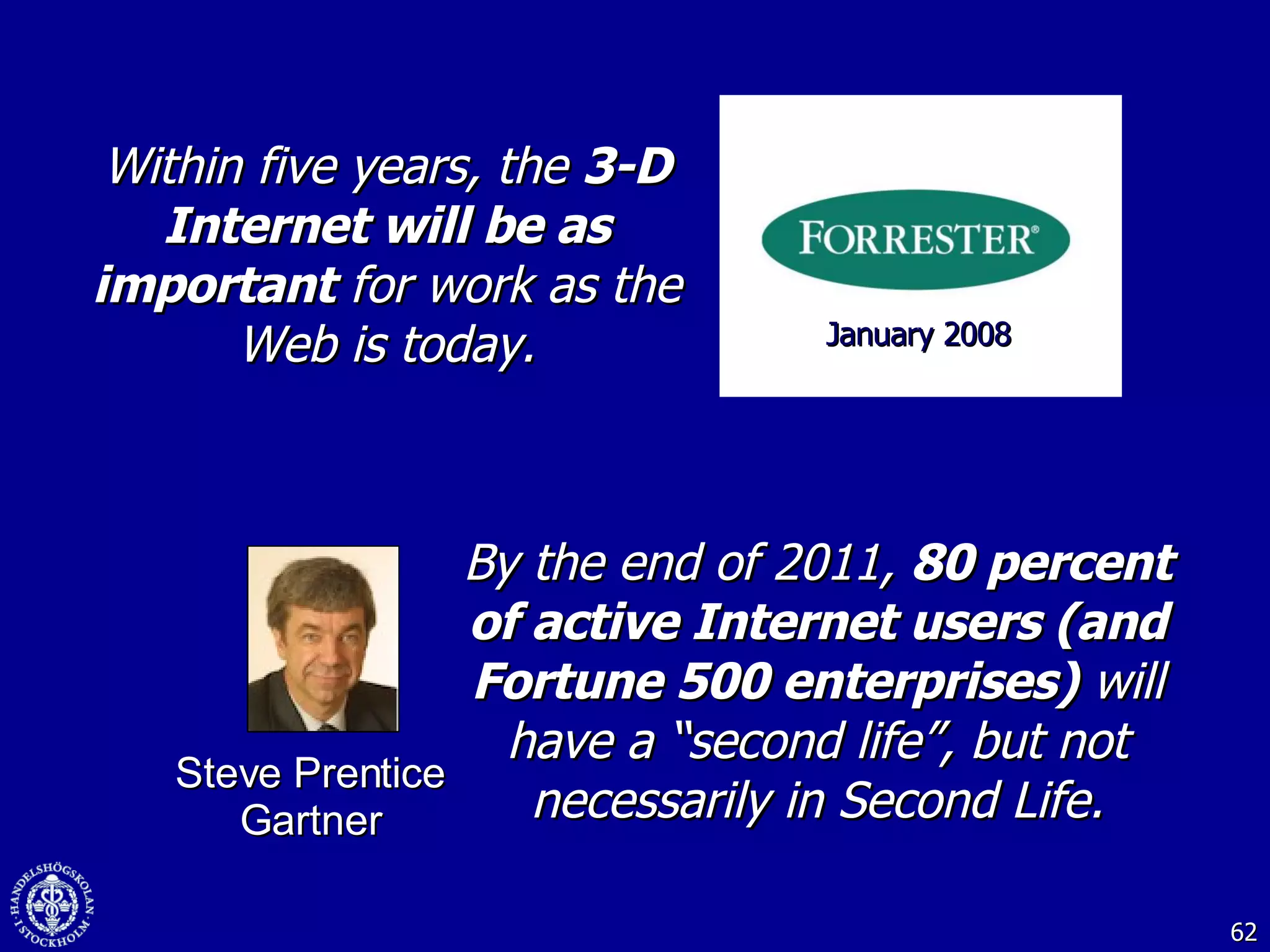 Within five years, the  3-D Internet will be as important  for work as the Web is today. January 2008 By the end of 2011,  80 percent of active Internet users (and Fortune 500 enterprises)  will have a “second life”, but not necessarily in Second Life. Steve Prentice Gartner 